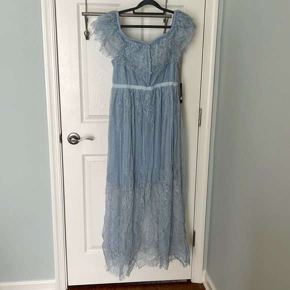 Full length see-thru bottom blue lace formal dress, 14, elastic shoulders/waist - Picture 1 of 5